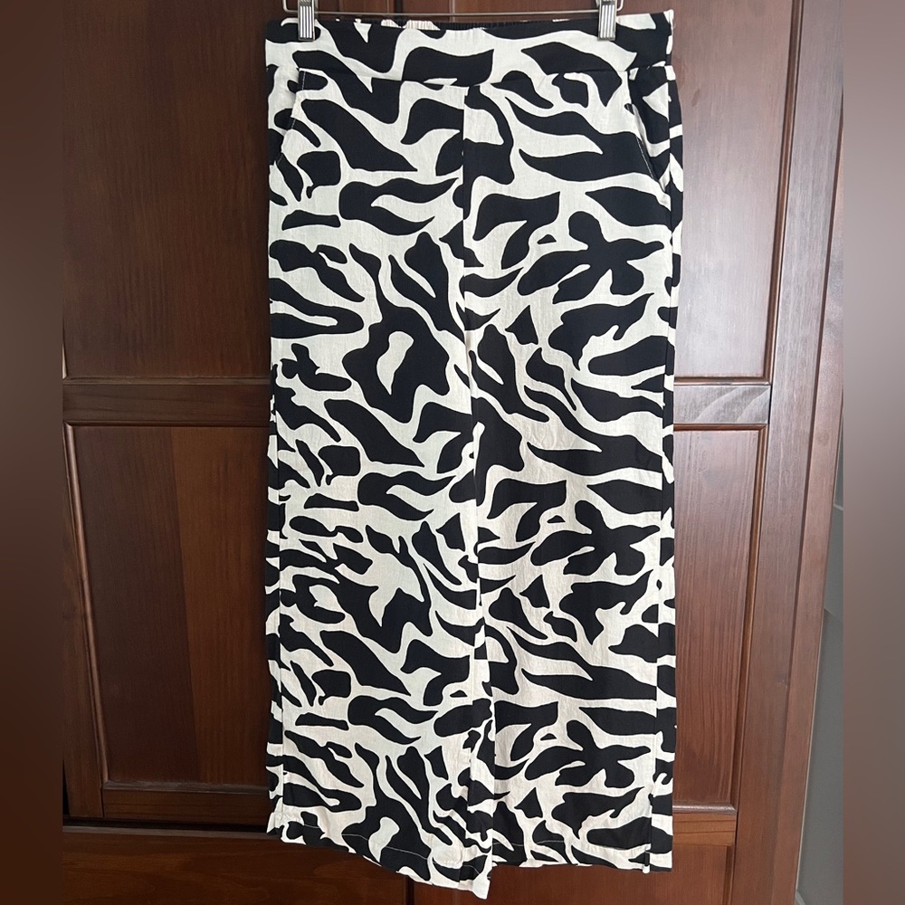 Linen Coastal Grandma Animal Print Palazzo Pants Rachel Zoe Black/Cream Womens L